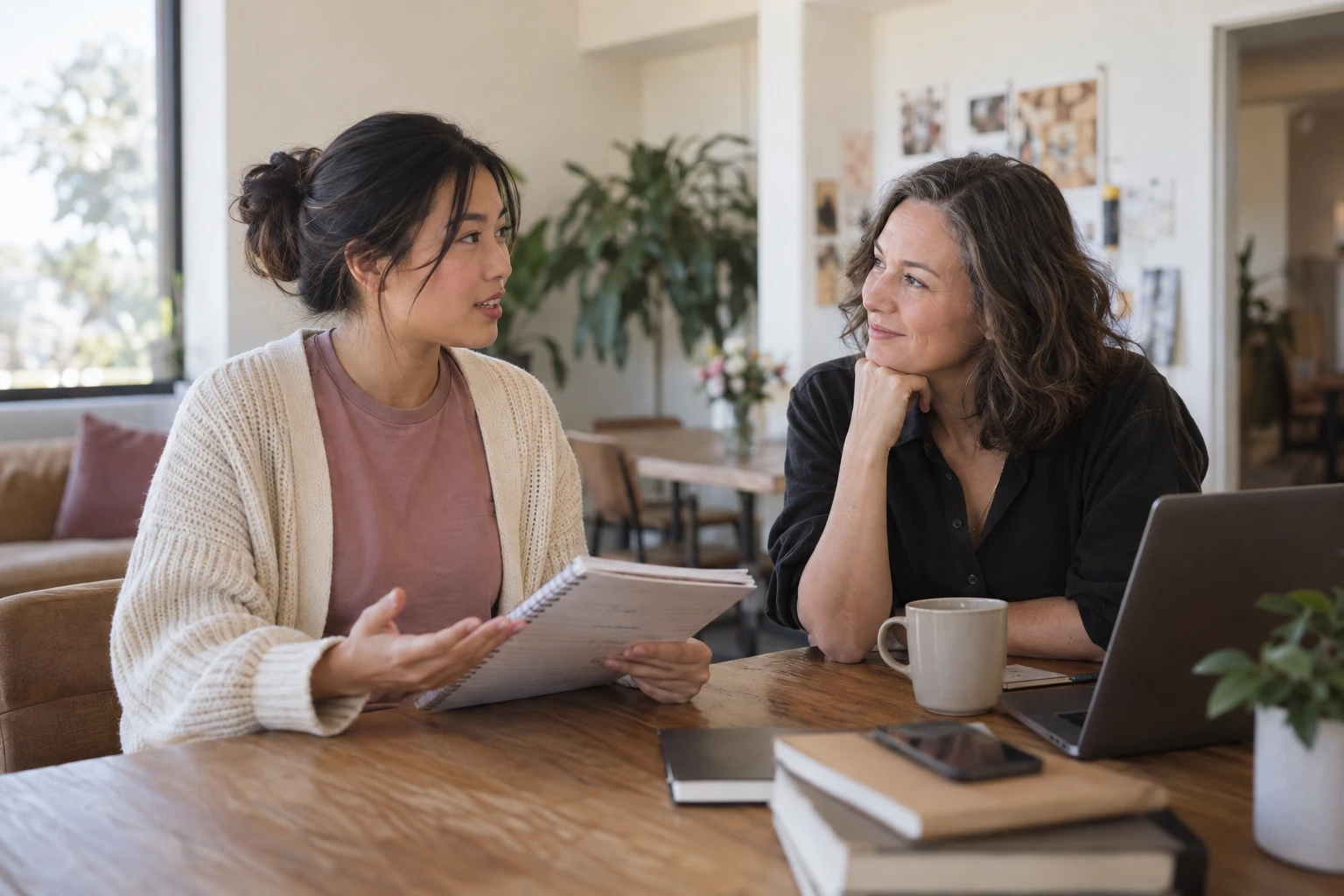 A contestant reviews her notes with a mentor at a bright table, leading the conversation.