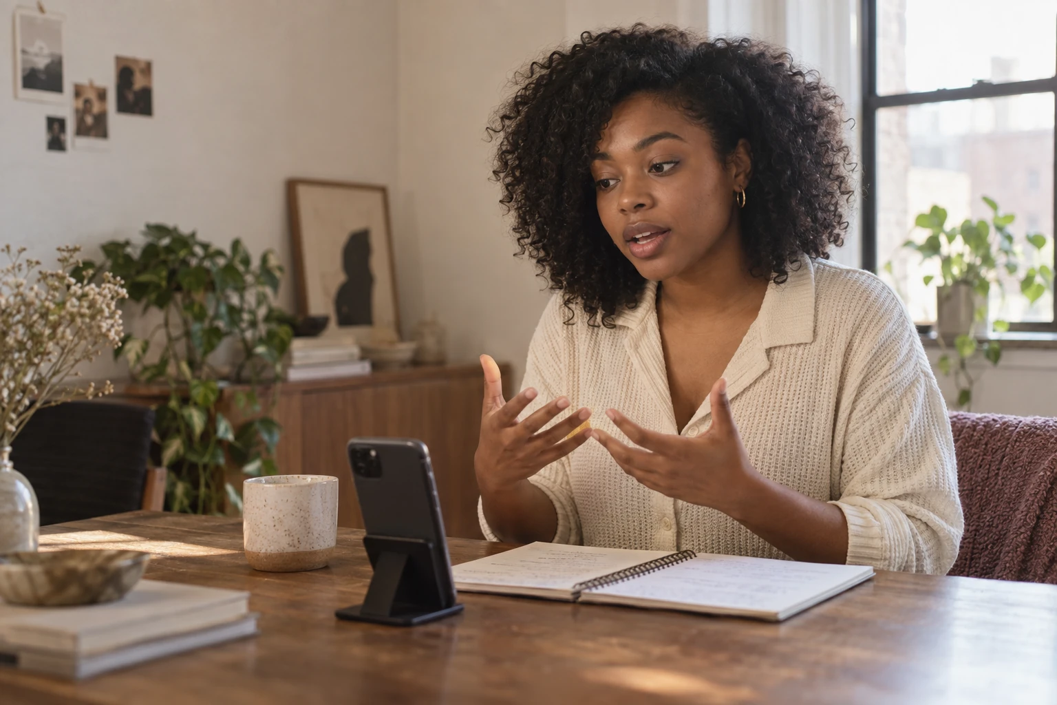 A contestant rehearses an interview answer at a sunlit table, mid-sentence, with a notebook and a phone on a small stand.